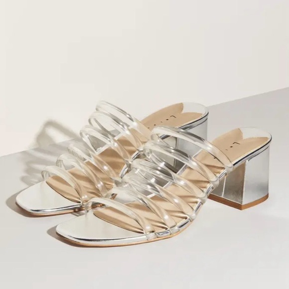 Leith Cloud Jelly Slide Sandal - Silver Clear Strappy Square Toe Block Heels - Picture 2 of 5